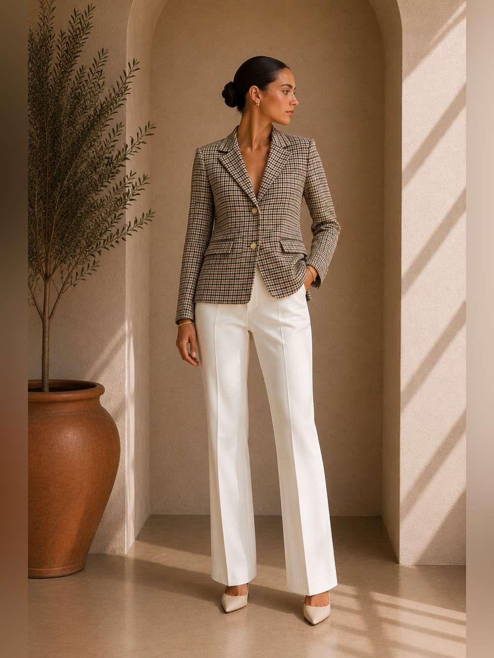 Commense Light Brown Checked Blazer XS | Fall Plaid Tailored Jacket